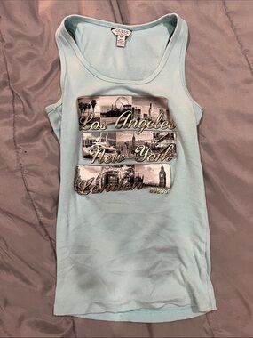 GUESS Light Blue Graphic Tank Top with Cities Montage